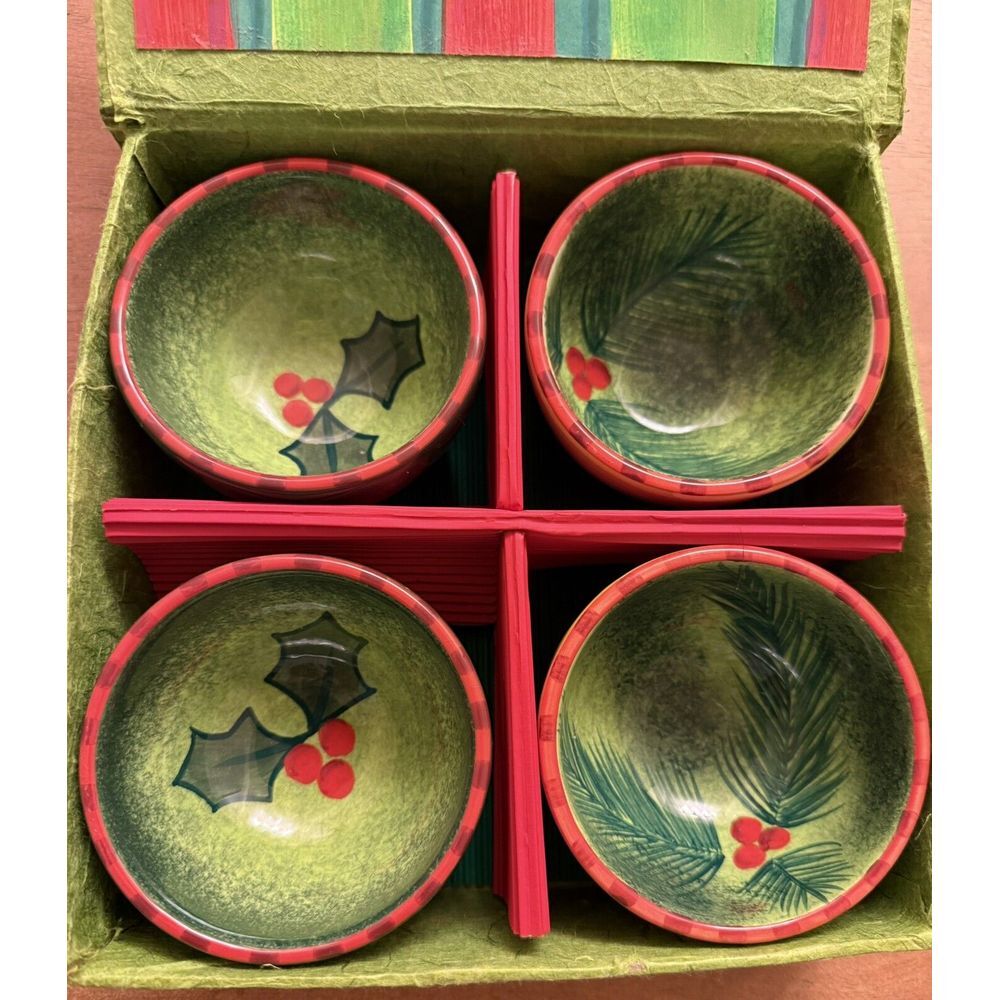 Department 56 4 Condiment Bowl Set Christmas Holly Hand Painted Dept 56